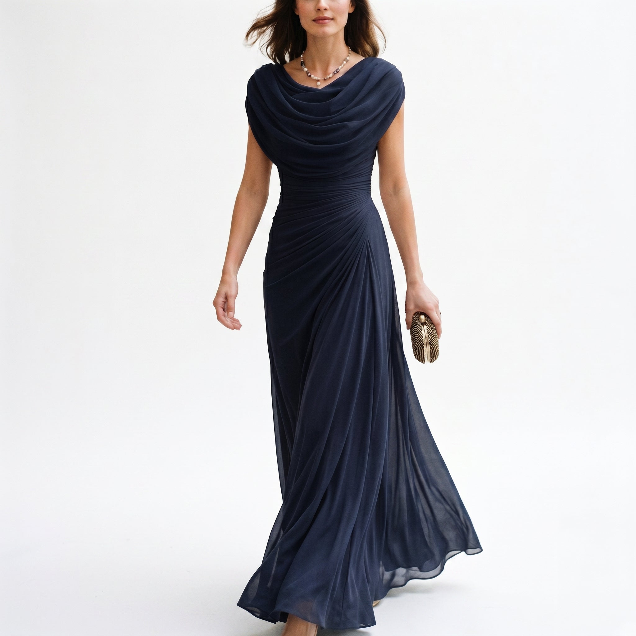 Navy maxi dress with draped cowl neckline and gathered waist, ankle-length skirt.