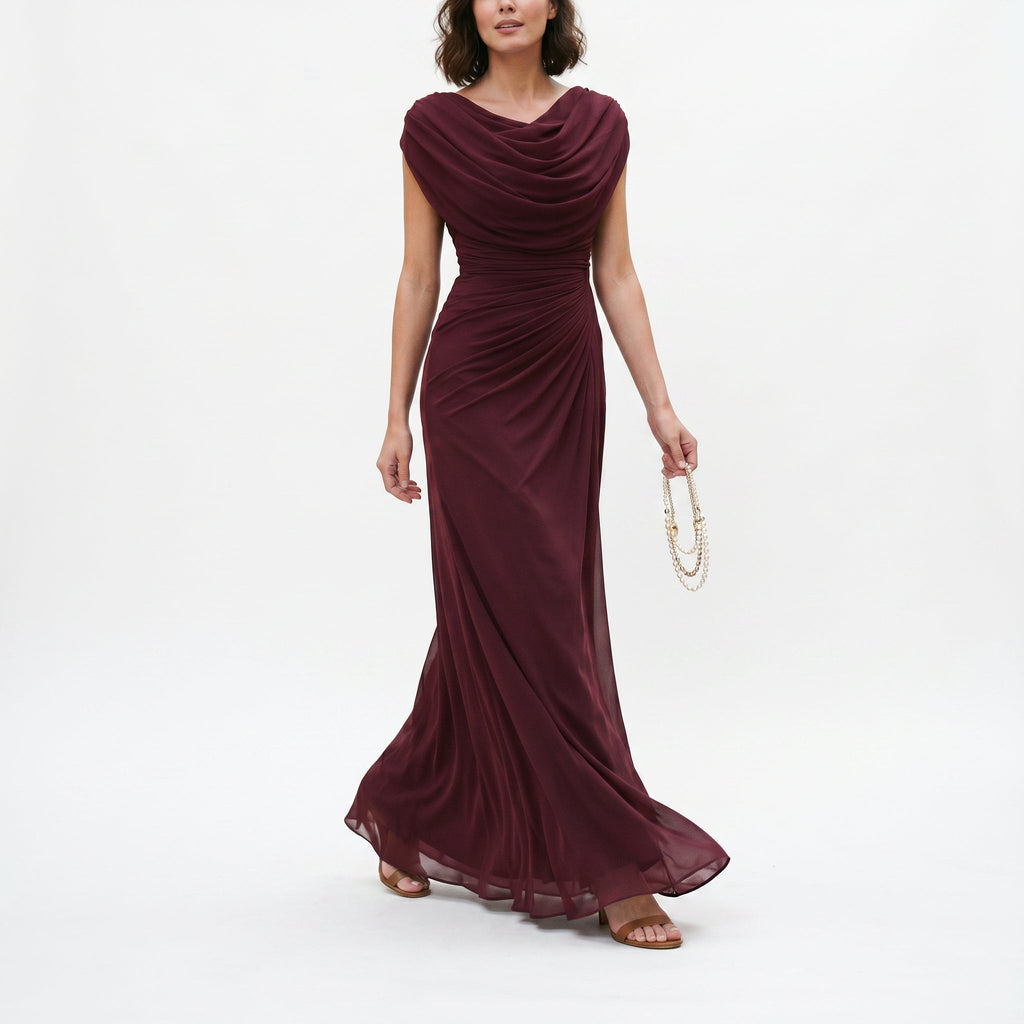 Burgundy maxi dress with draped cowl neckline and gathered waist, long flared hem.