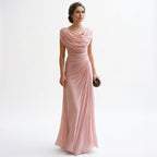 Women’s maxi dress with draped cowl neckline and ruched waist, mauve pink