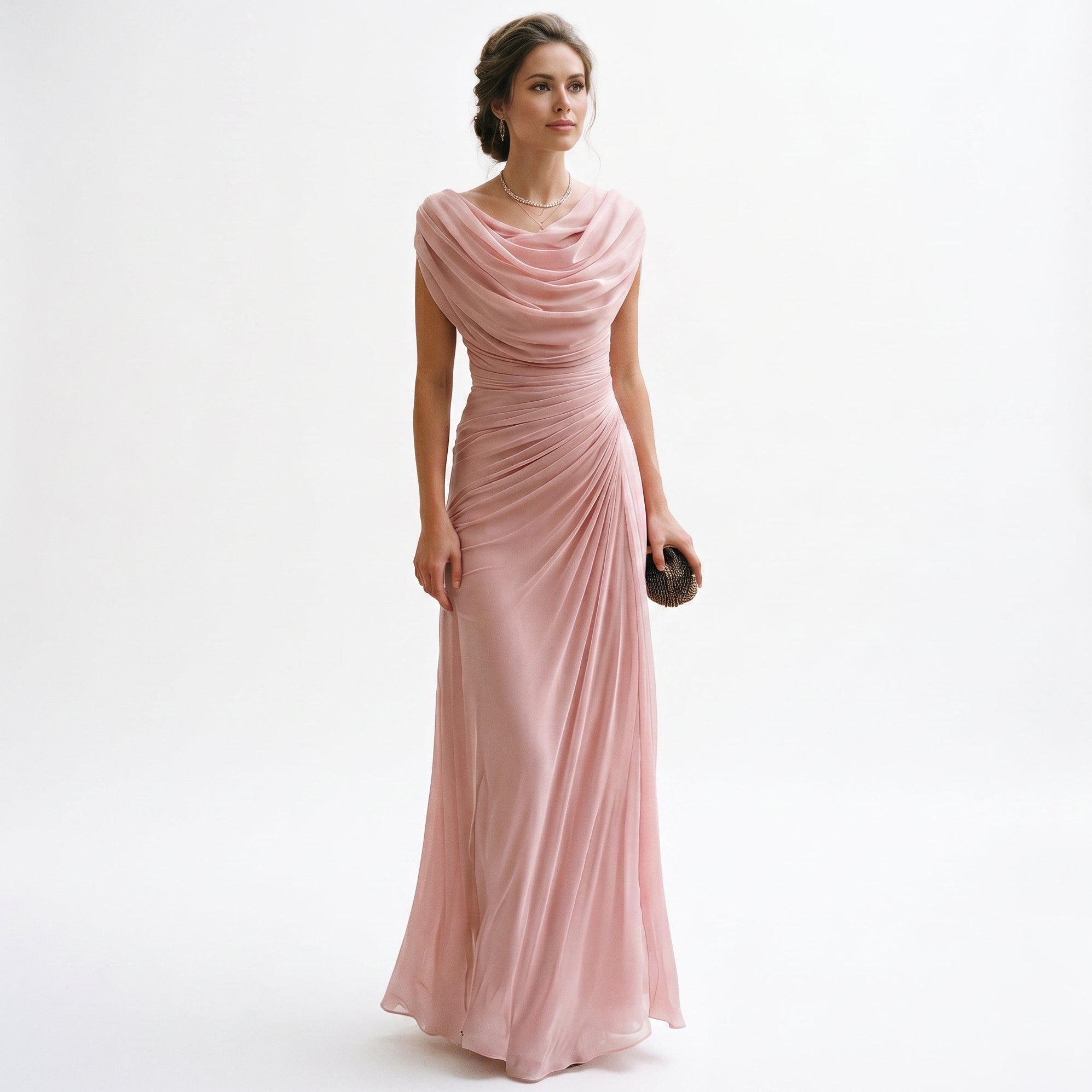 Women’s maxi dress with draped cowl neckline and ruched waist, mauve pink