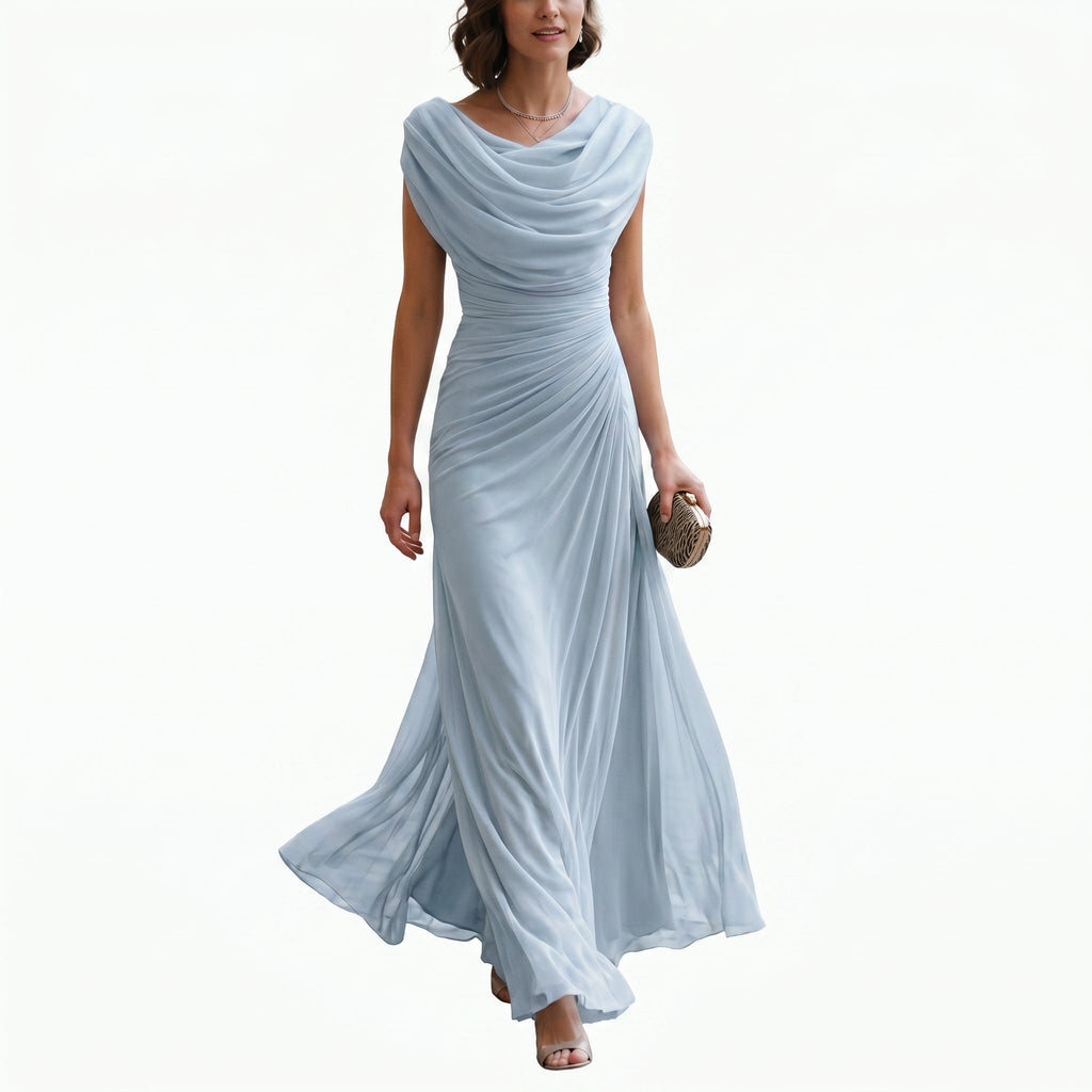 Women’s maxi dress with draped cowl neckline and ruched waist, light blue