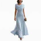 Women’s maxi dress with draped cowl neckline and ruched waist, light blue