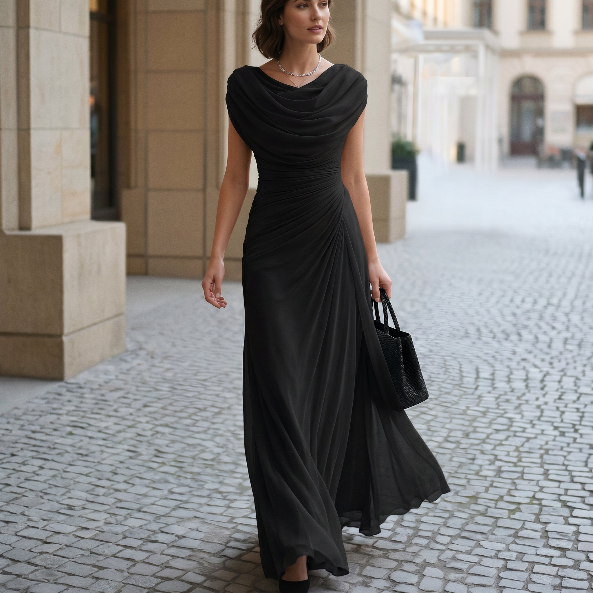 Black maxi dress with draped cowl neckline and side gathers, flowing skirt.