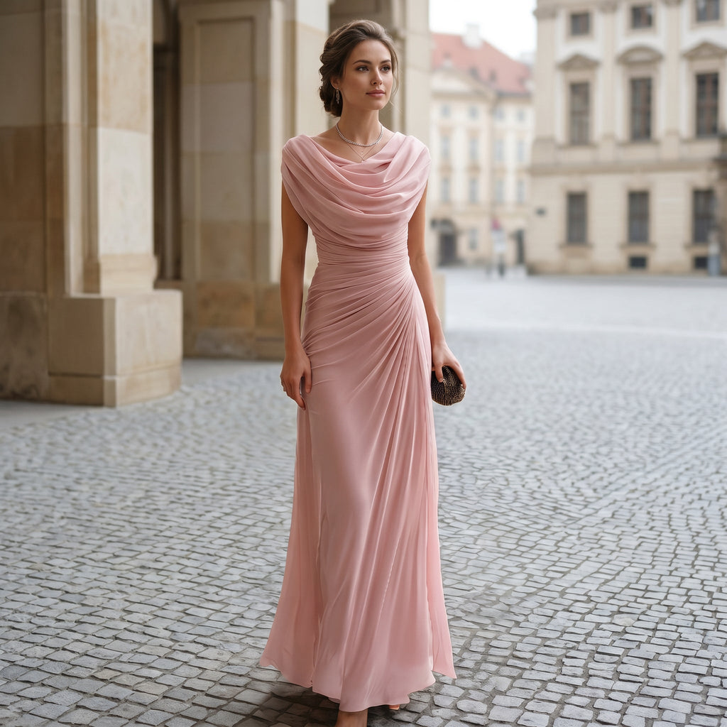 Blush pink maxi dress with draped cowl neckline and ruched waist, long flowing skirt.