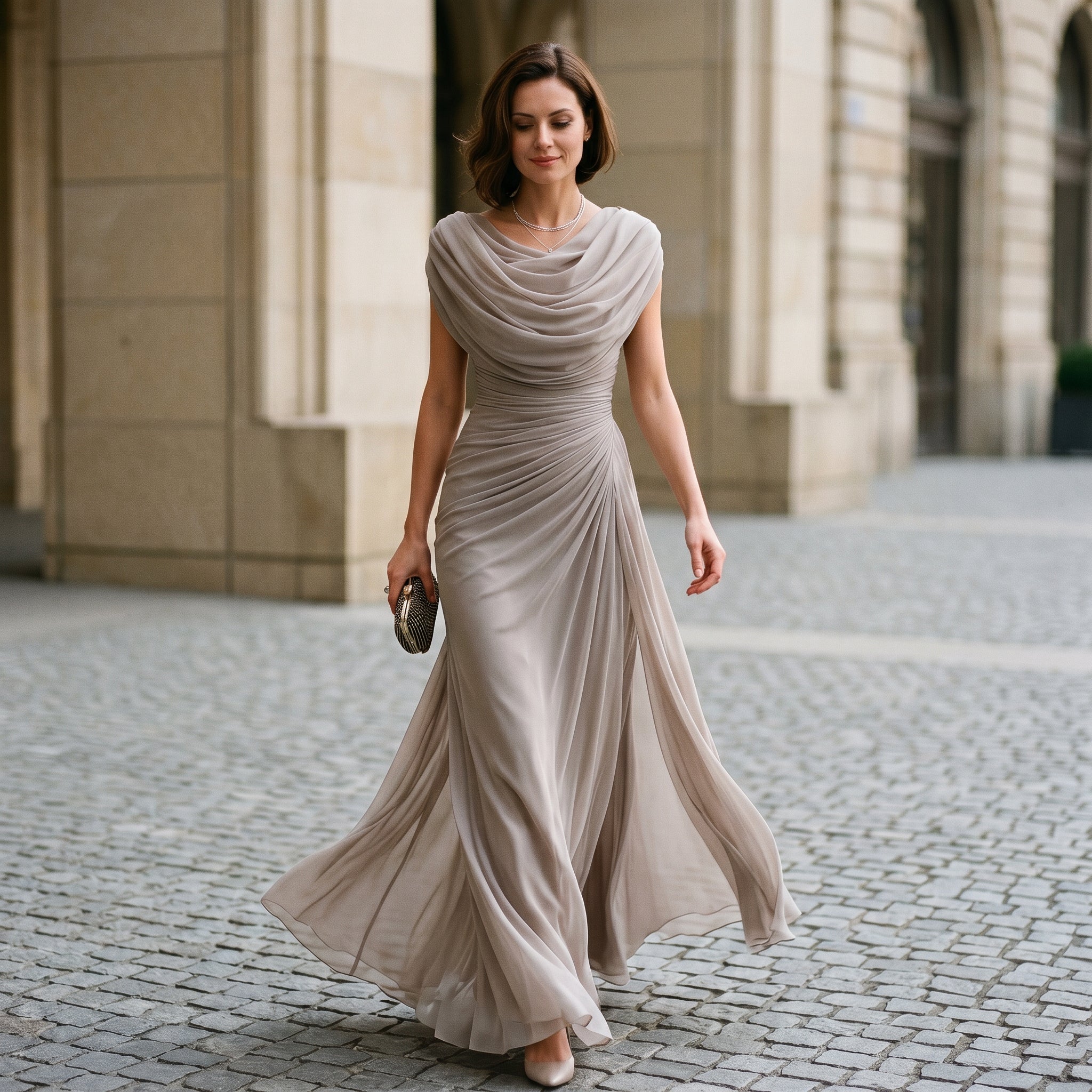 Taupe maxi dress with draped cowl neckline and gathered waist seam, soft drape.