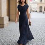 Navy maxi dress with draped cowl neckline and cap sleeves, gathered waist.