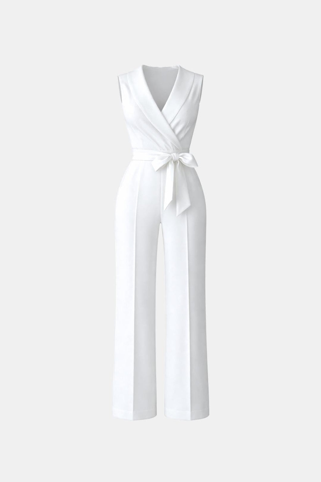 White sleeveless wrap V-neck jumpsuit with waist tie and wide pant legs