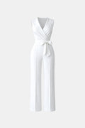 White sleeveless wrap V-neck jumpsuit with waist tie and wide pant legs