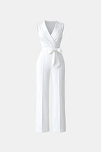 White sleeveless wrap V-neck jumpsuit with waist tie and wide pant legs