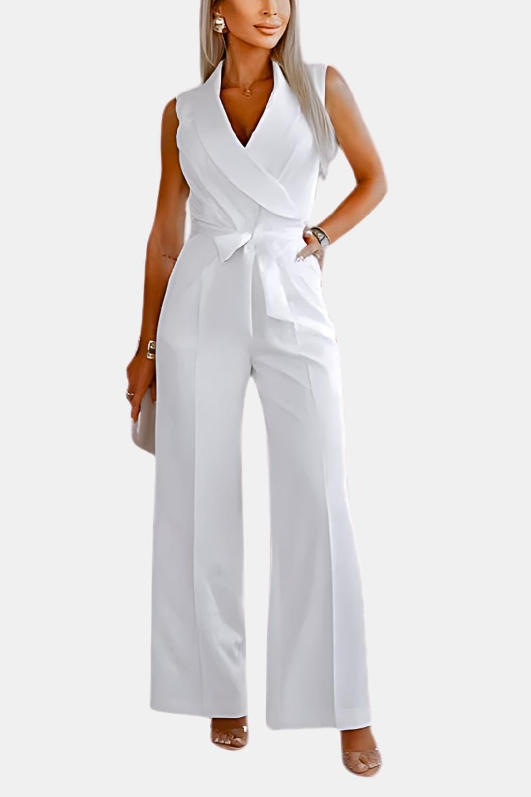 White wrap V-neck jumpsuit with tied waist and wide straight legs
