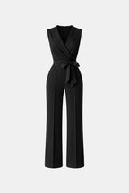 Black sleeveless wrap V-neck jumpsuit with waist tie and wide pant legs