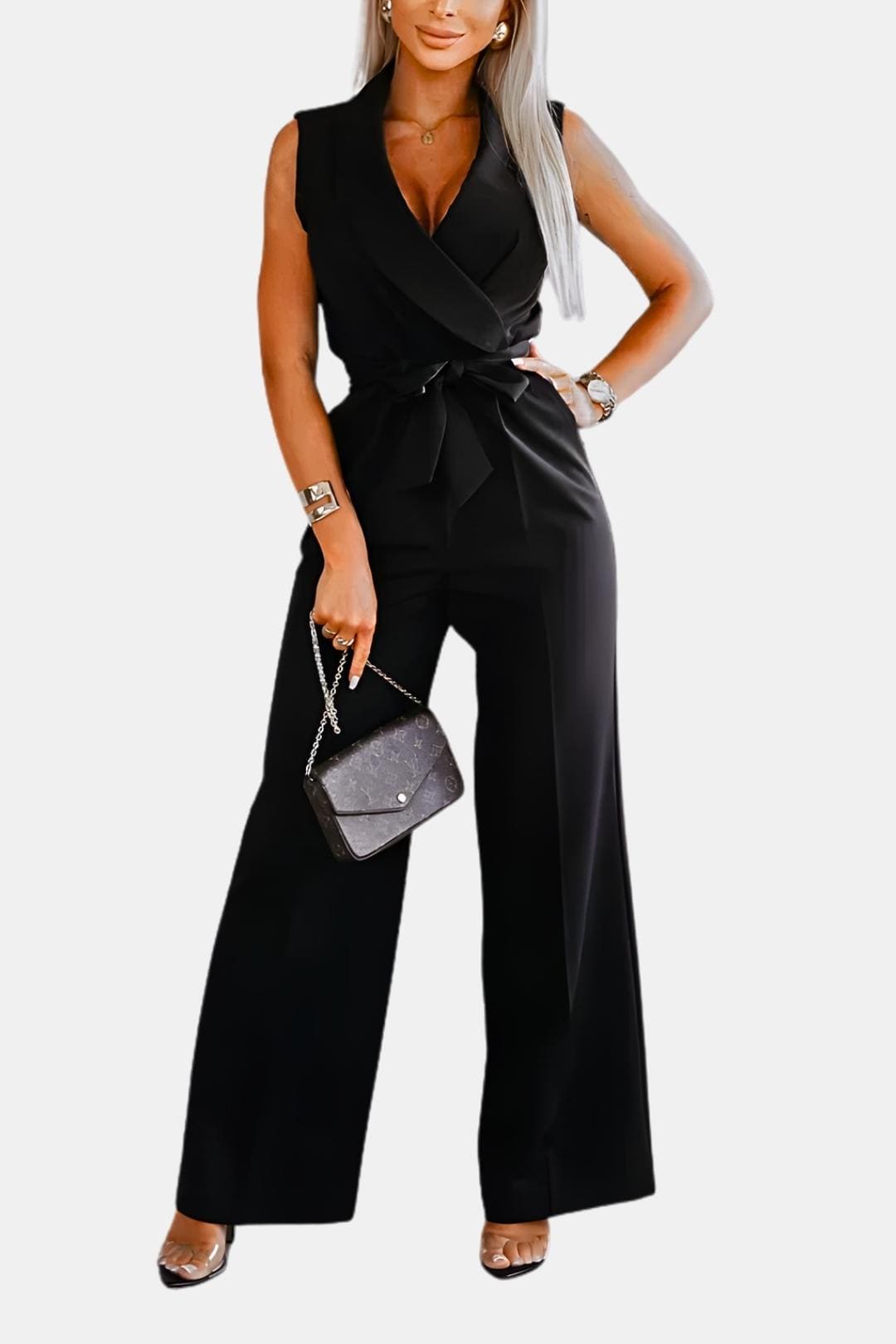 Black wrap V-neck jumpsuit with waist tie and wide-leg pants