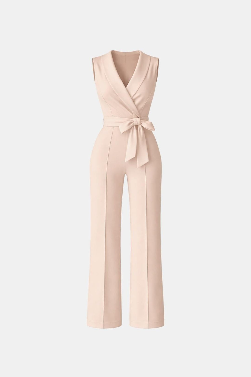 Women's tailored wrap wide-leg jumpsuit, sleeveless V-neck, tie belt, light pink