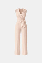 Women's tailored wrap wide-leg jumpsuit, sleeveless V-neck, tie belt, light pink