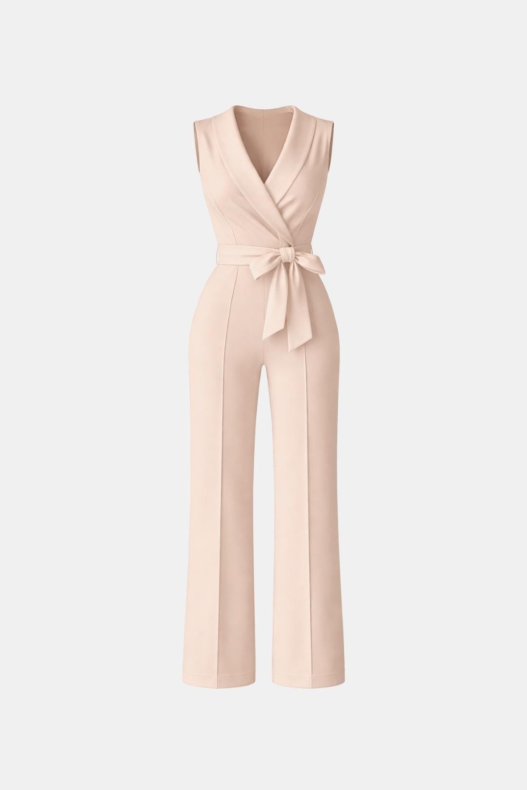 Women's tailored wrap wide-leg jumpsuit, sleeveless V-neck, tie belt, light pink
