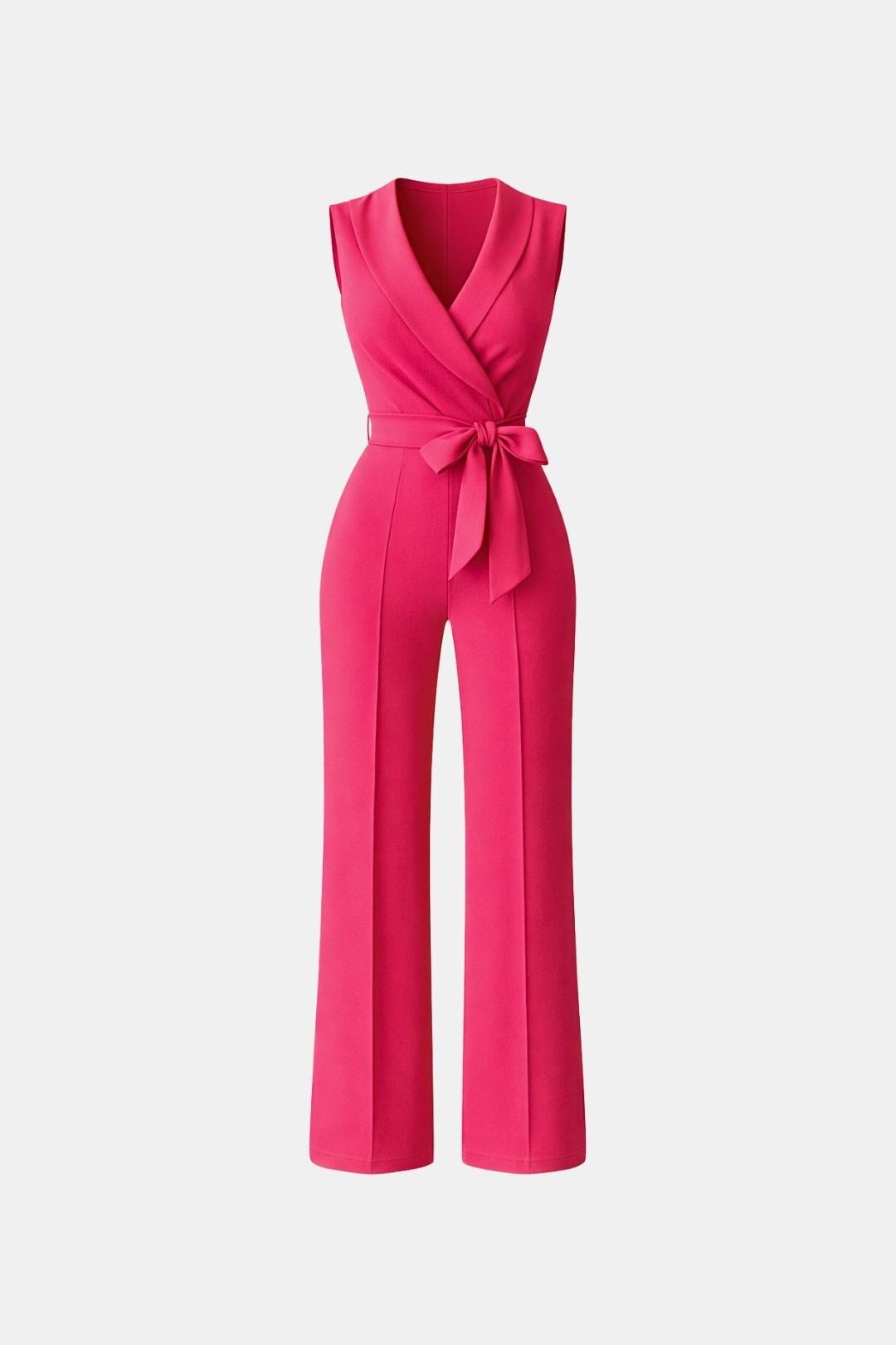 Women's tailored wrap wide-leg jumpsuit, sleeveless V-neck, tie belt, hot pink