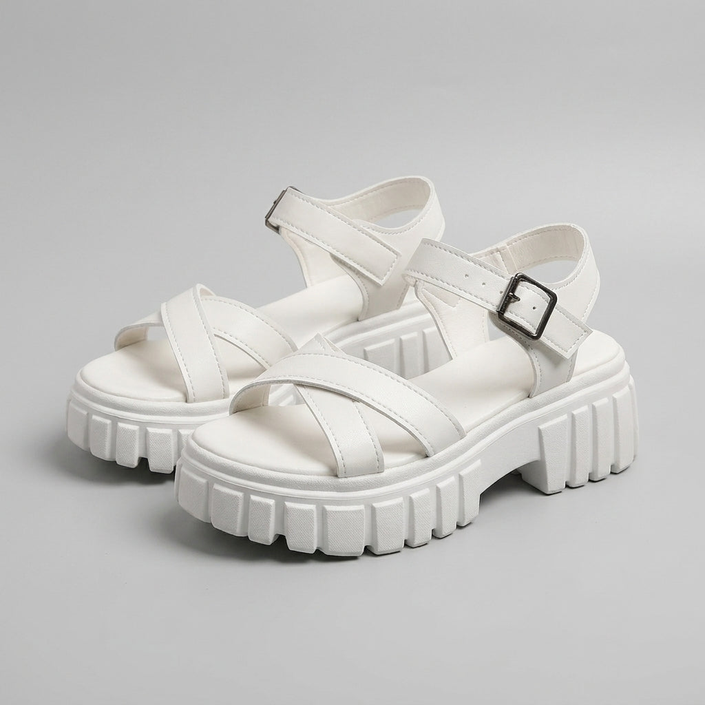 White platform sandals with cross straps and chunky lug sole