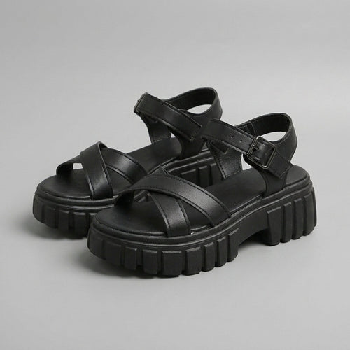 Black chunky platform sandals with lug sole and ankle strap, open toe