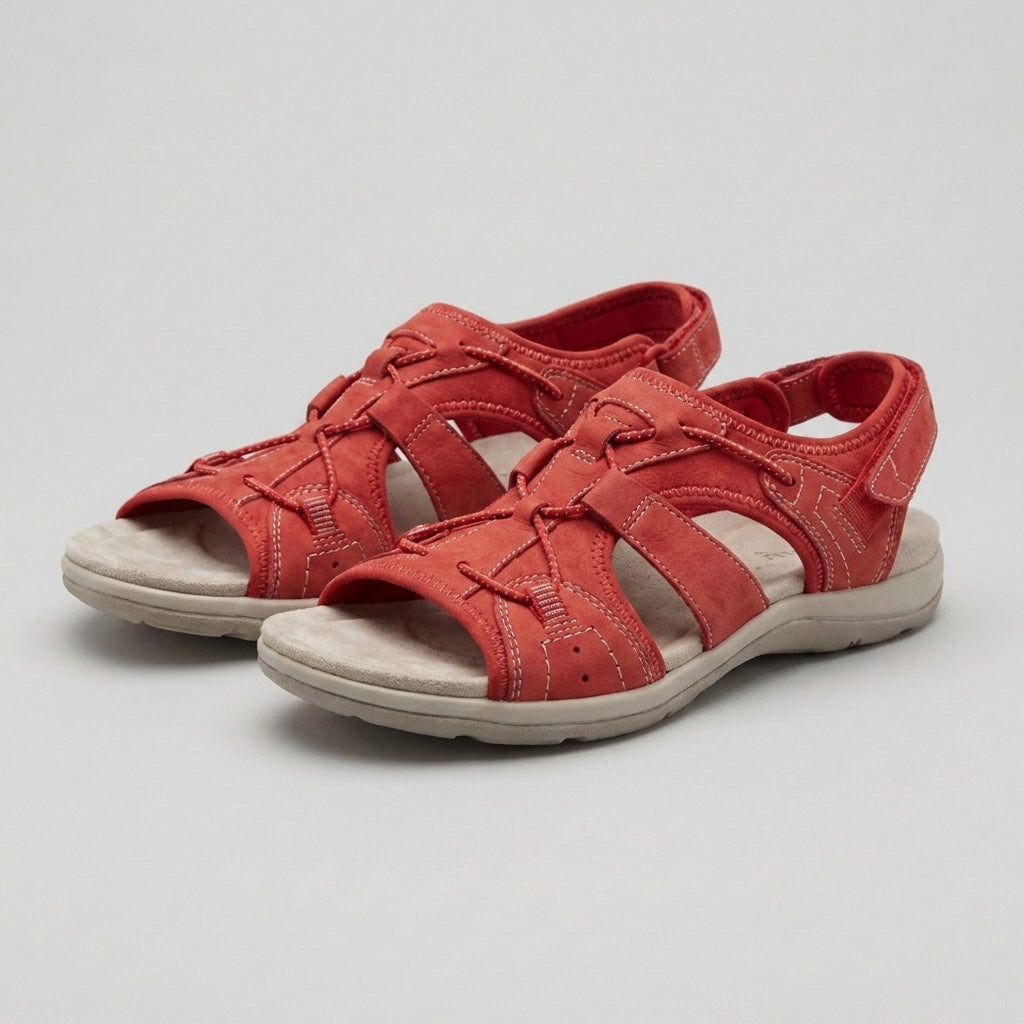 Red orthopedic sandals with contoured footbed and adjustable straps