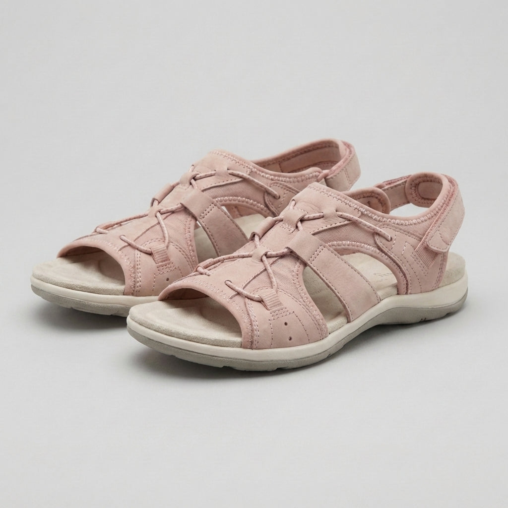 Pink orthopedic sandals with contoured footbed and adjustable straps