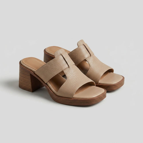Khaki open-toe block heel mules with two wide slip-on straps