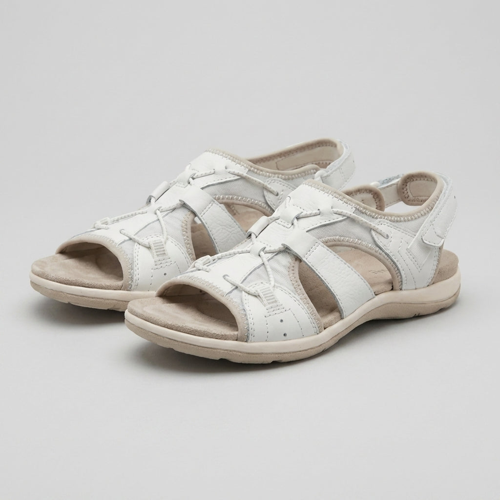 White orthopedic sandals with contoured footbed, front cutout straps