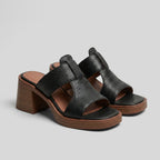 Black open-toe block-heel slip-on mules with two straps and textured leather finish
