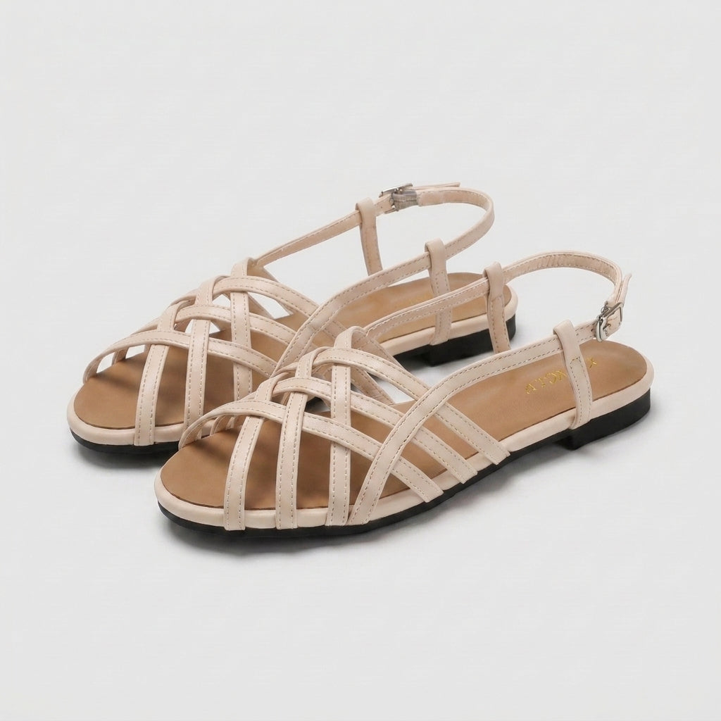 Light beige woven strap Roman sandals with adjustable ankle buckle and low block heel