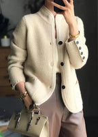 Cream textured knit jacket, button-front with stand collar, long sleeves
