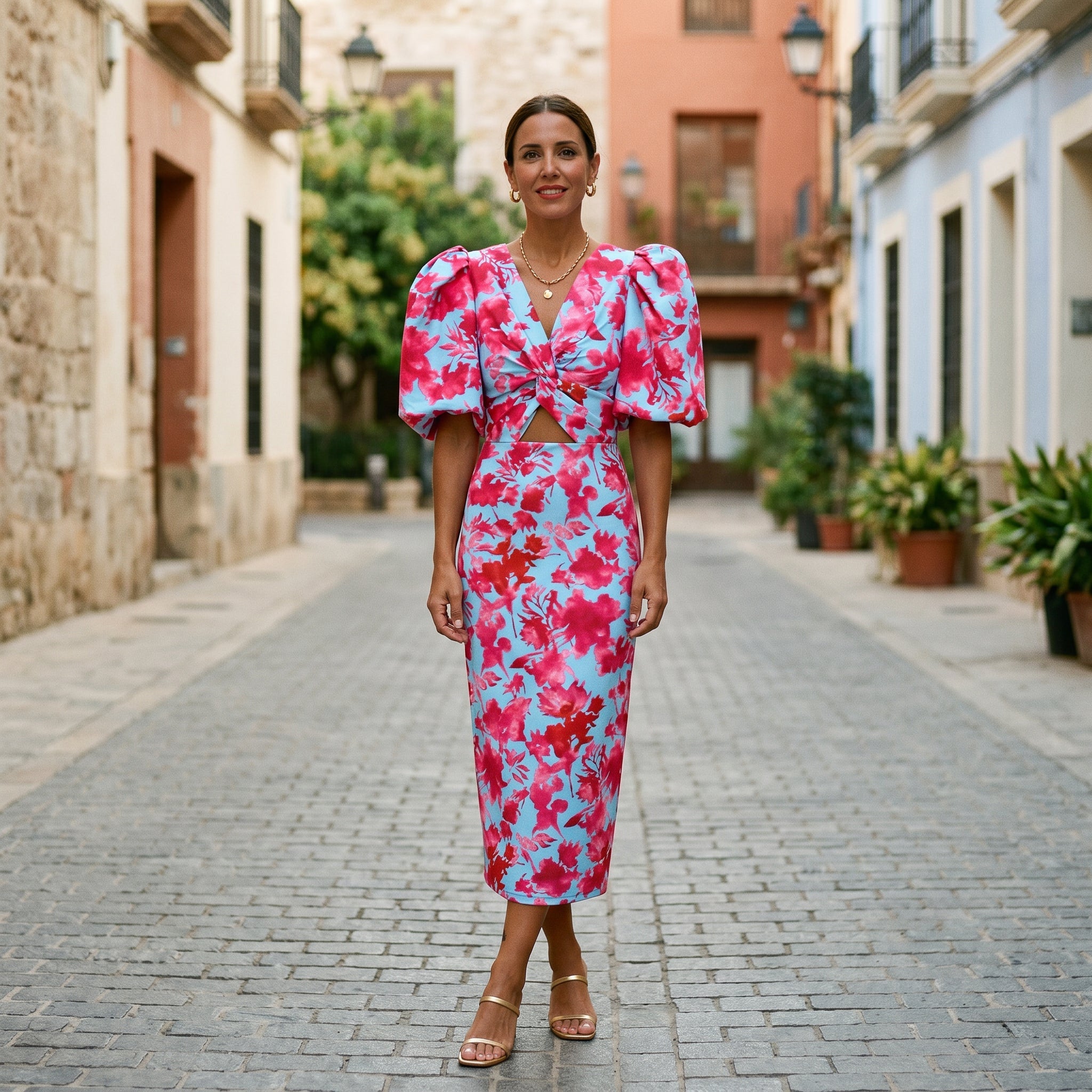 Midi dress with puff sleeves, V-neck, ruched waist; pink and blue floral print