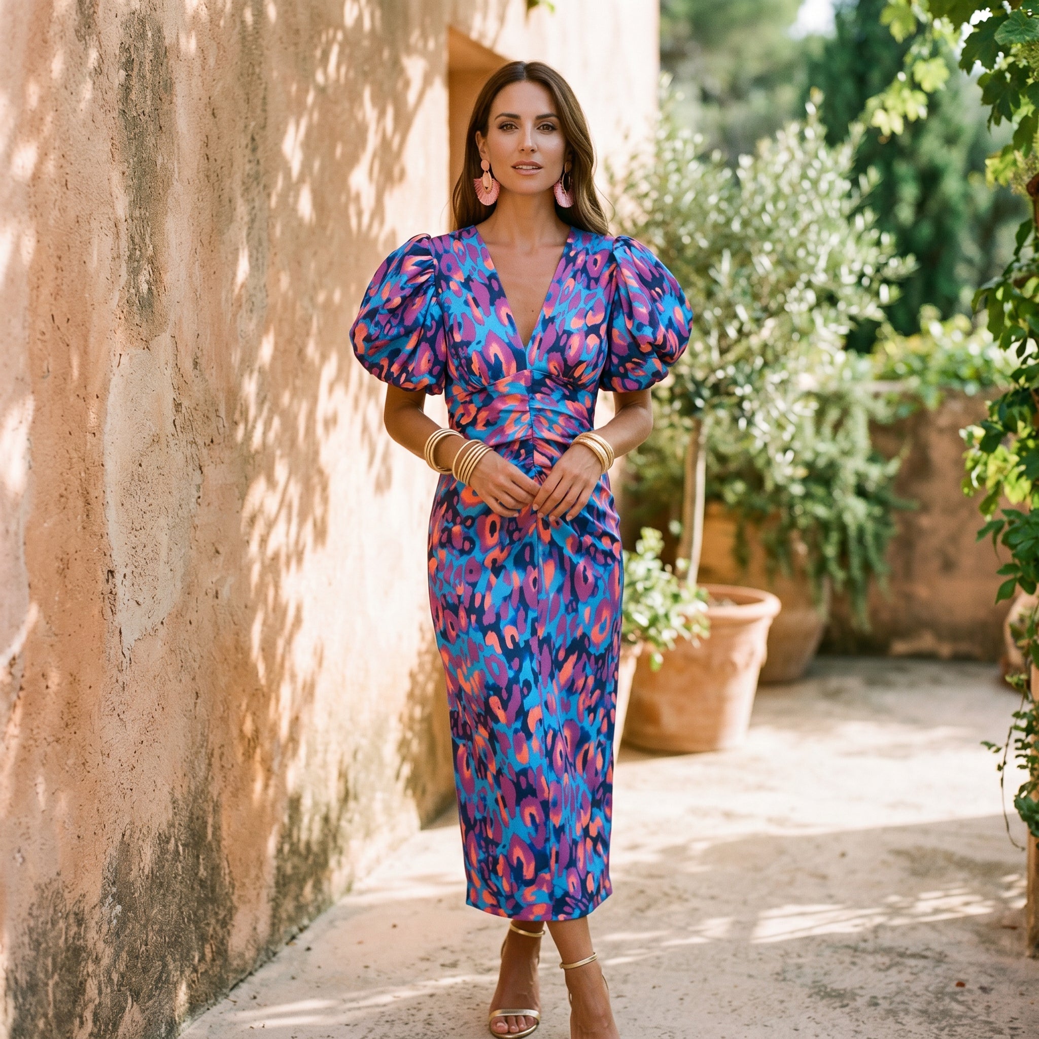 Midi dress with puff sleeves, V-neck, ruched waist; blue and pink abstract pattern