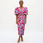 Midi dress with puff sleeves, V-neck, ruched waist; red and pink floral print
