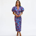 Midi dress with puff sleeves, V-neck, ruched waist; purple and blue leopard print
