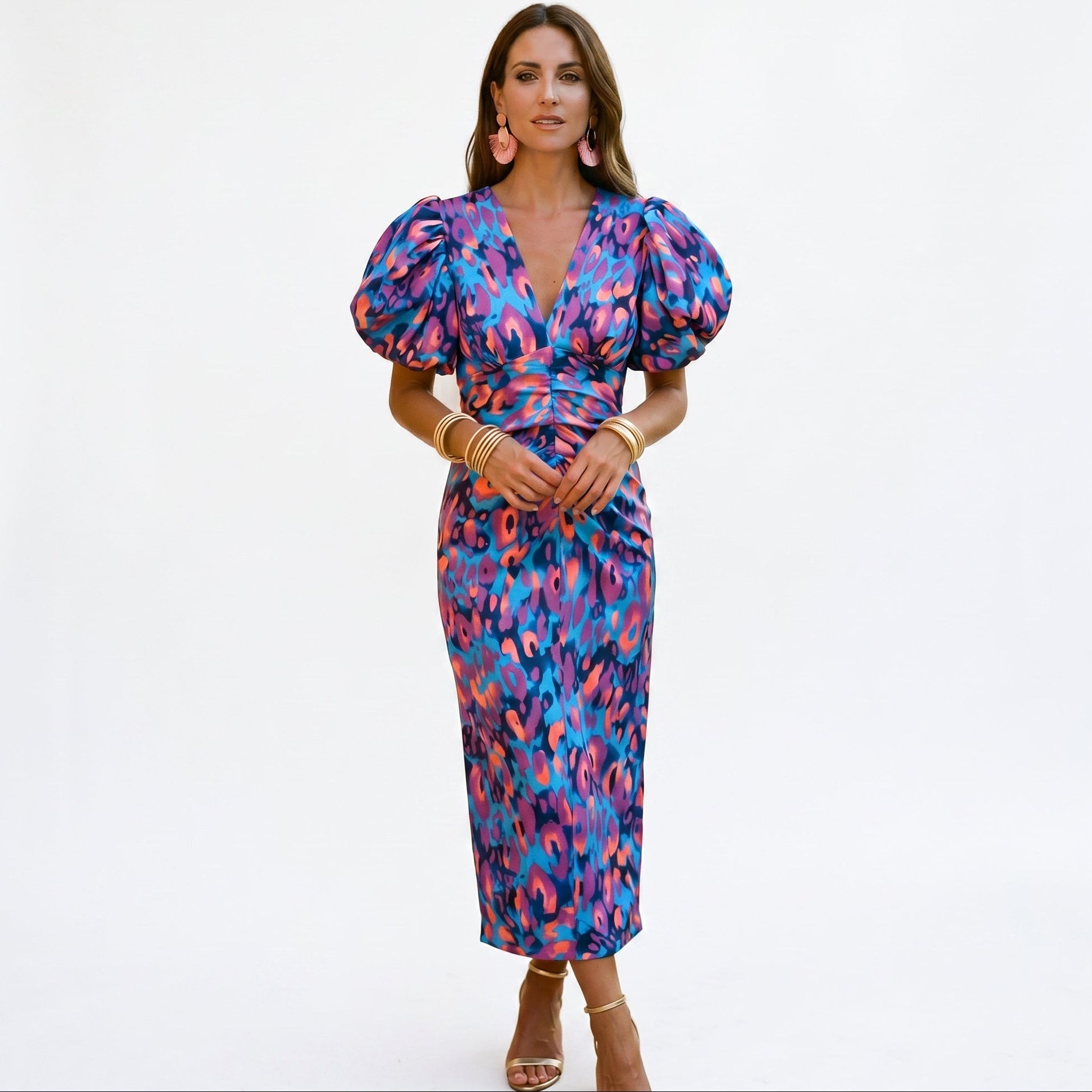 Midi dress with puff sleeves, V-neck, ruched waist; purple and blue leopard print