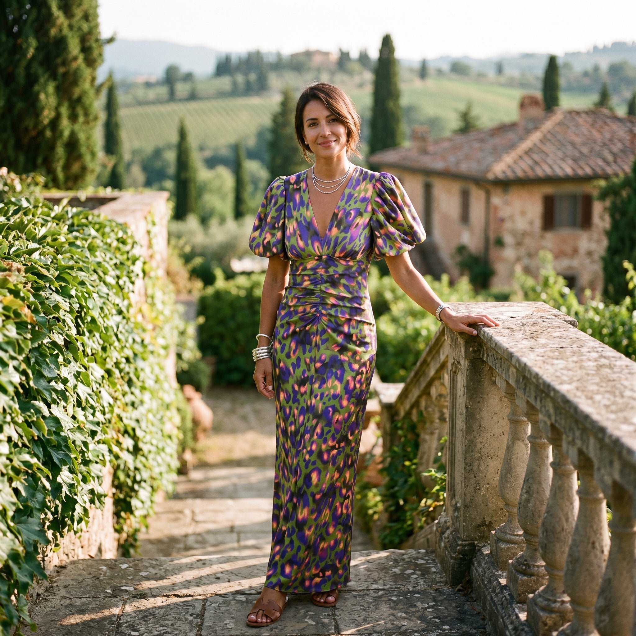 Midi dress with puff sleeves, V-neck, ruched waist; multicolor pattern in purple and green