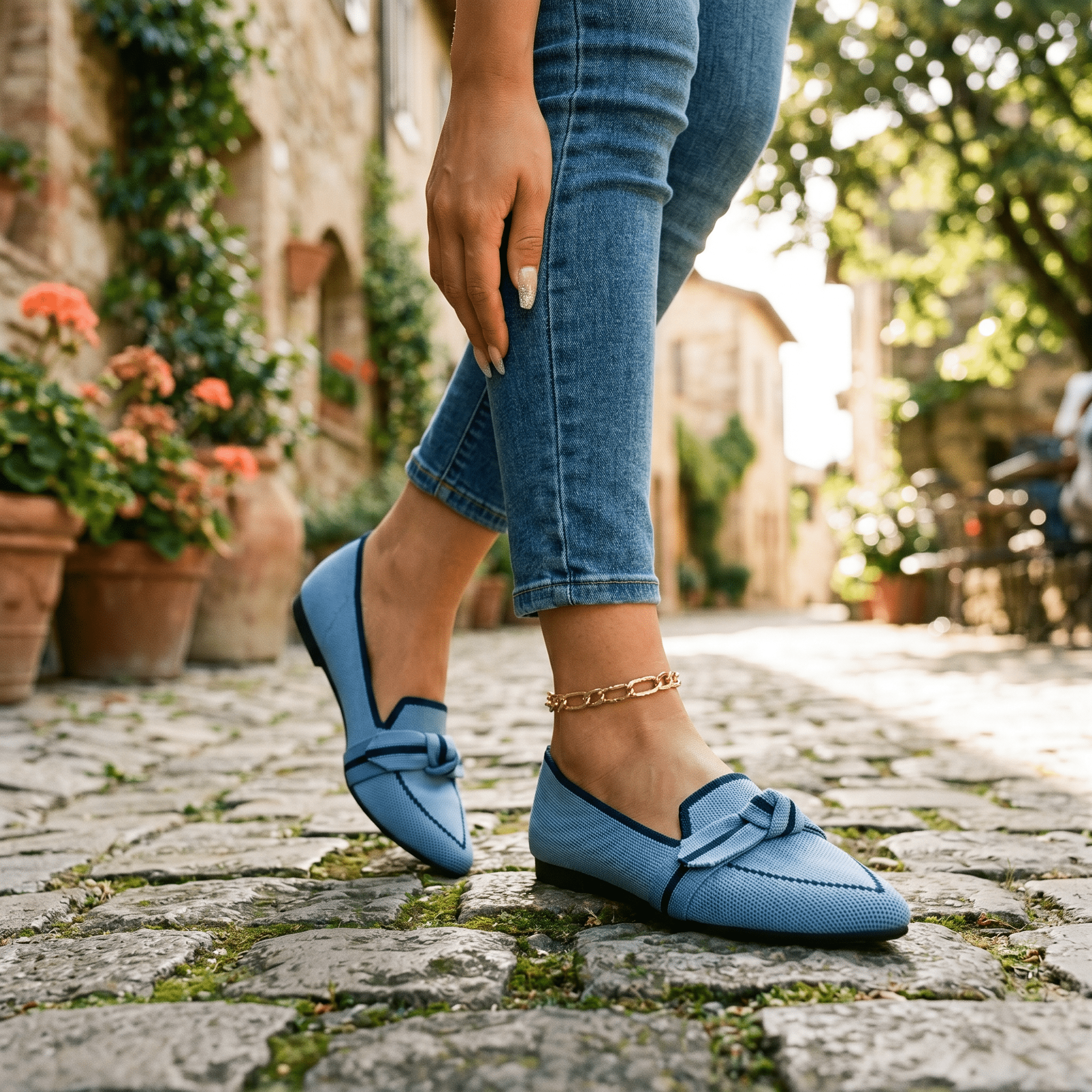 Women’s slip-on loafers in medium blue with bow strap detail and pointed toe