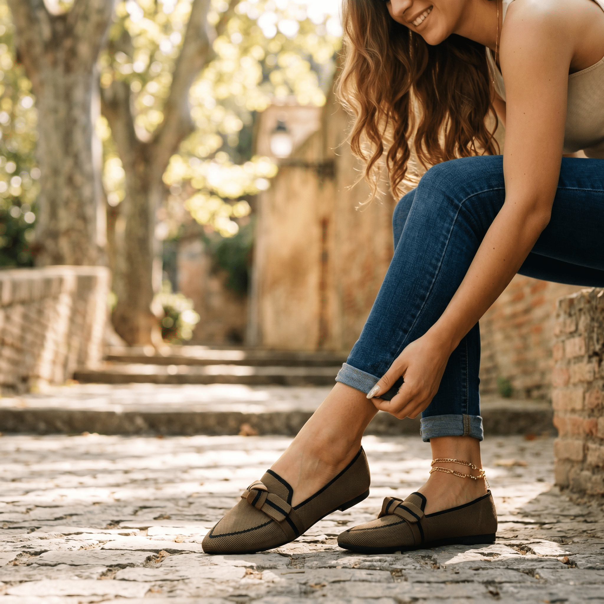 Women’s slip-on loafers in dark olive with black accent straps and pointed toe