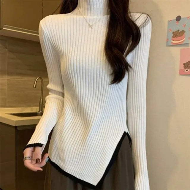 White ribbed high-neck sweater with contrast edge and long sleeves