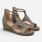 Gray wedge sandals with open toe and adjustable ankle strap