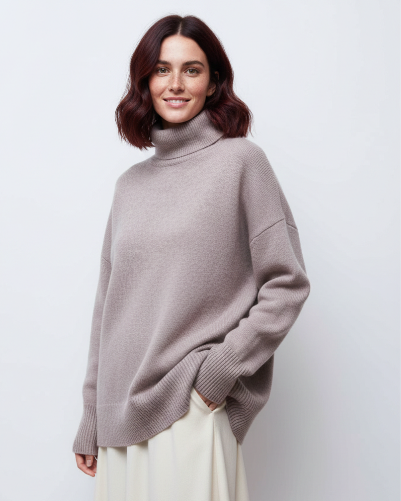 Taupe oversized turtleneck knit sweater with ribbed collar and wide cuffed sleeves