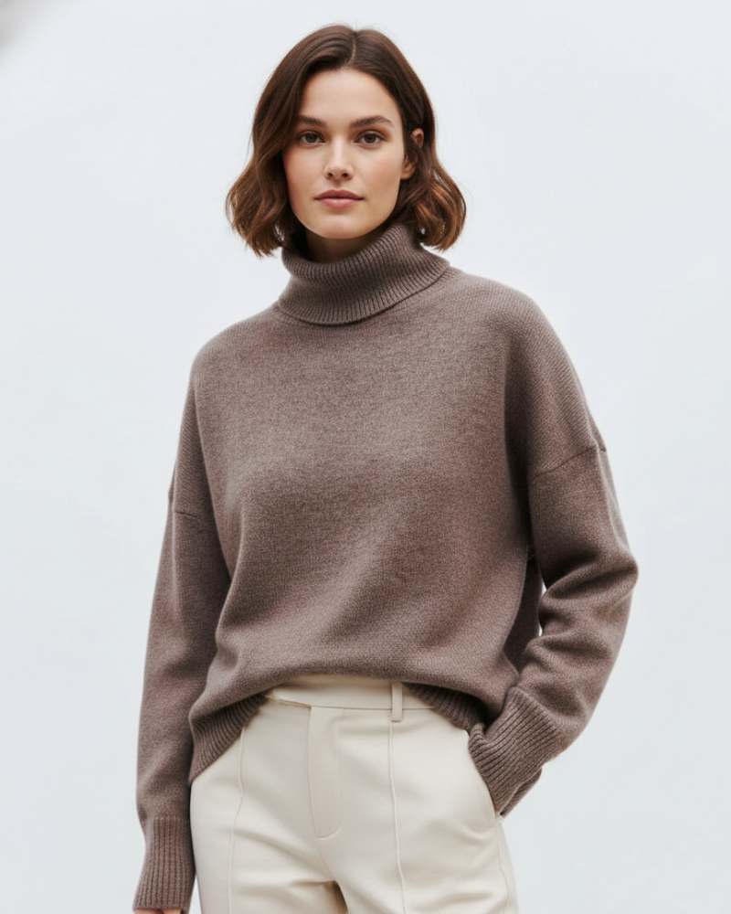 Brown oversized turtleneck knit sweater with ribbed collar, cuffs, and hem