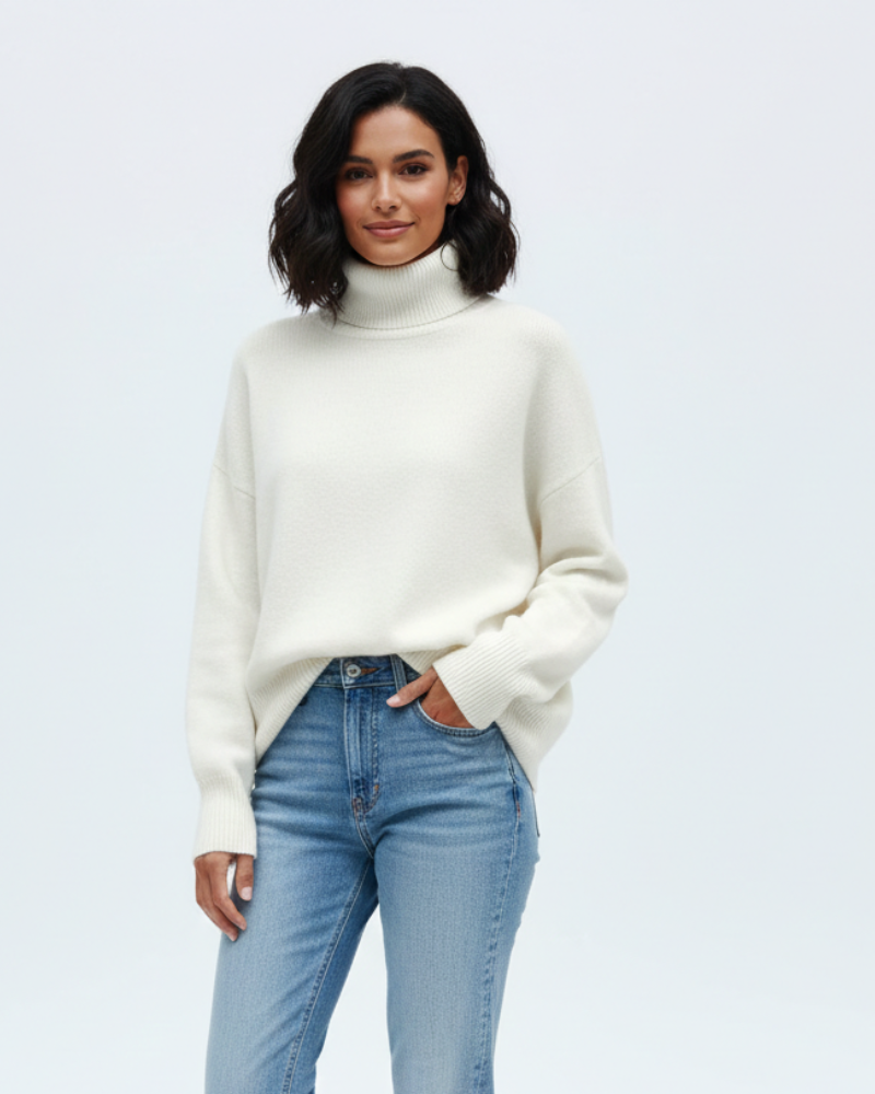White oversized turtleneck knit sweater with ribbed collar, cuffs, and hem