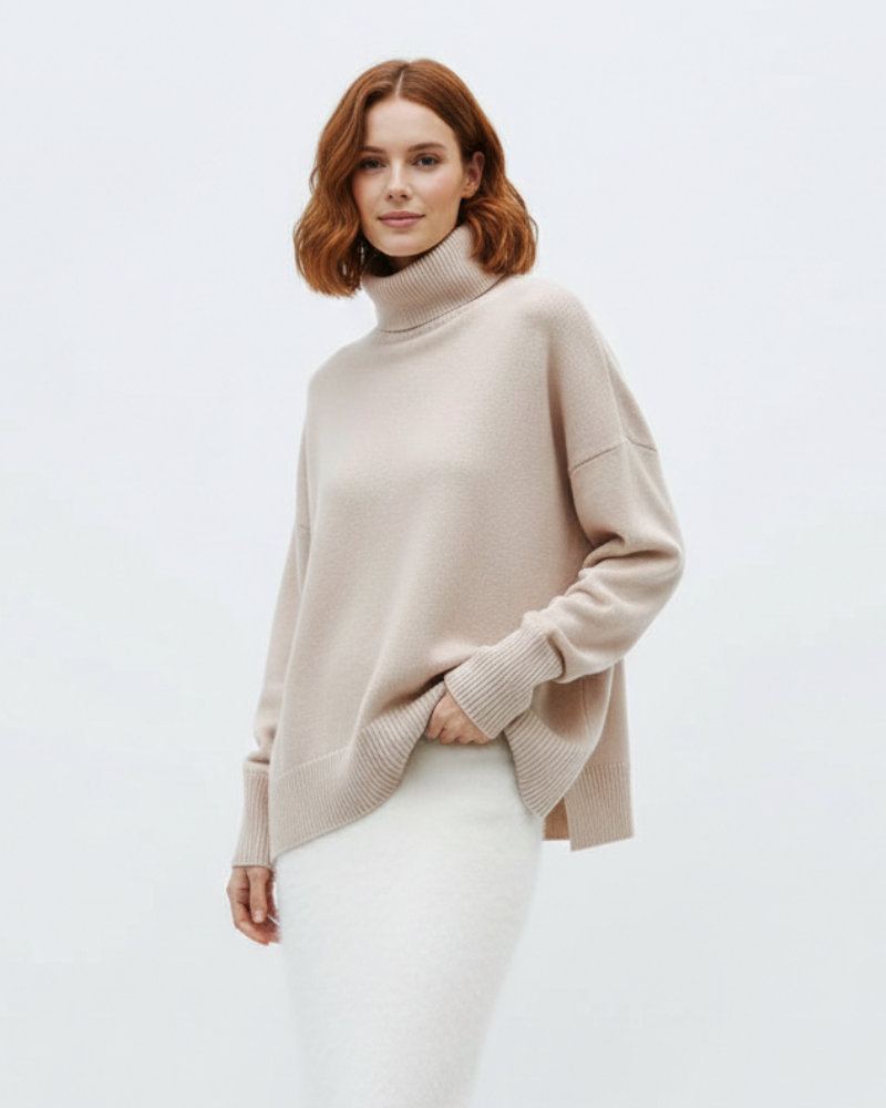 Beige oversized turtleneck knit sweater with ribbed collar and wide long sleeves