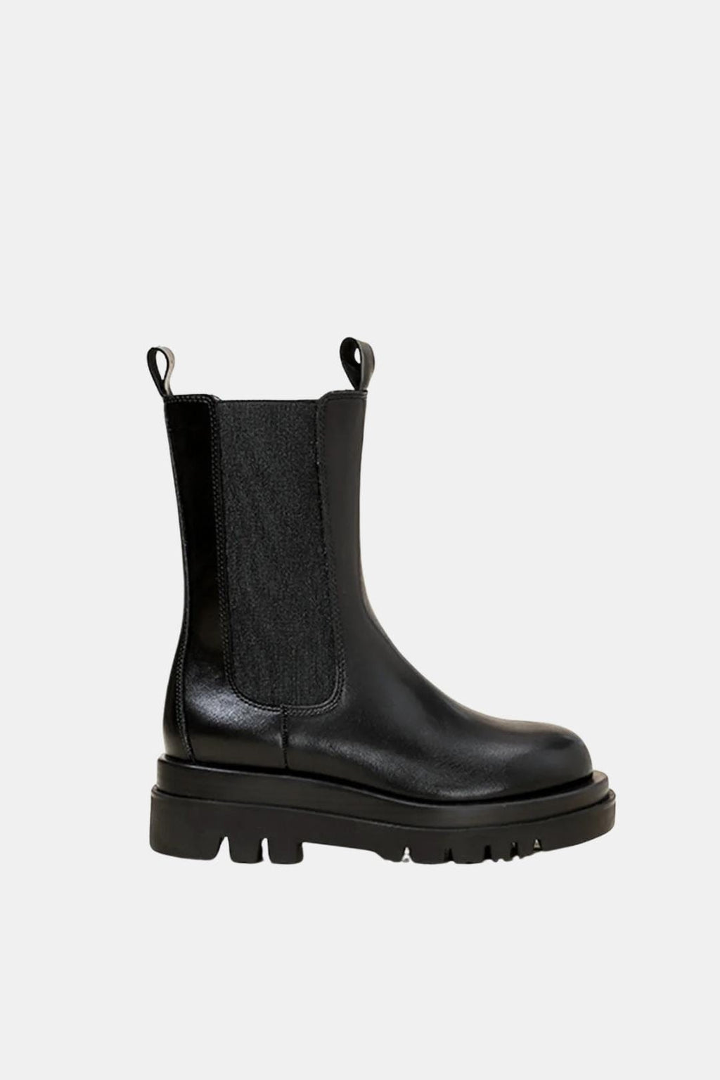 Black Chelsea boots with elastic gore, rugged platform sole, and pull-tab loops