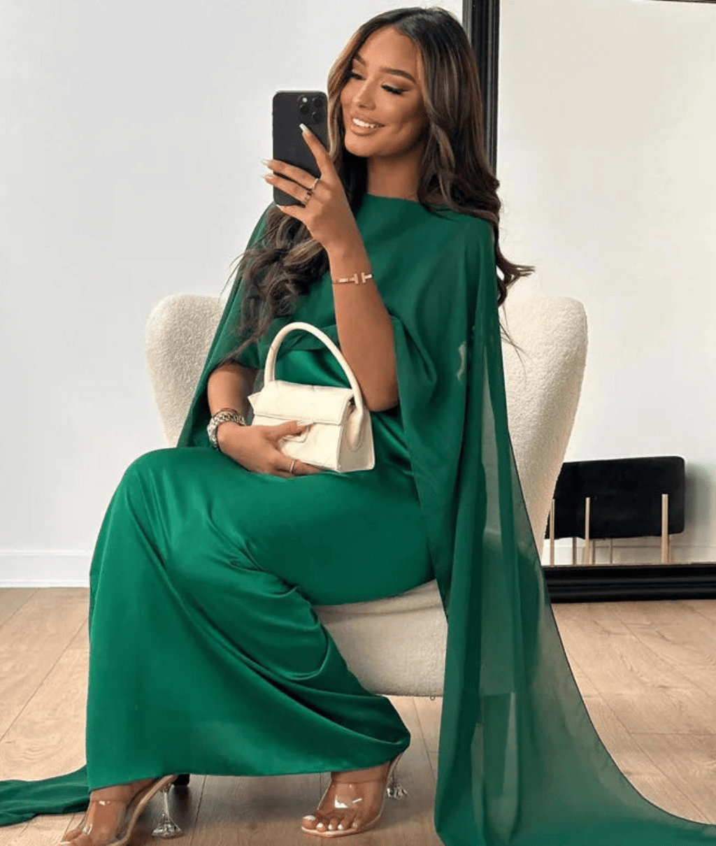 Satin maxi abaya dress with draped cape sleeves, emerald green satin
