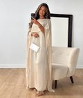 Satin maxi abaya dress with cape sleeves and draped front, white