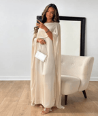 Satin maxi abaya dress with cape sleeves and draped front, white