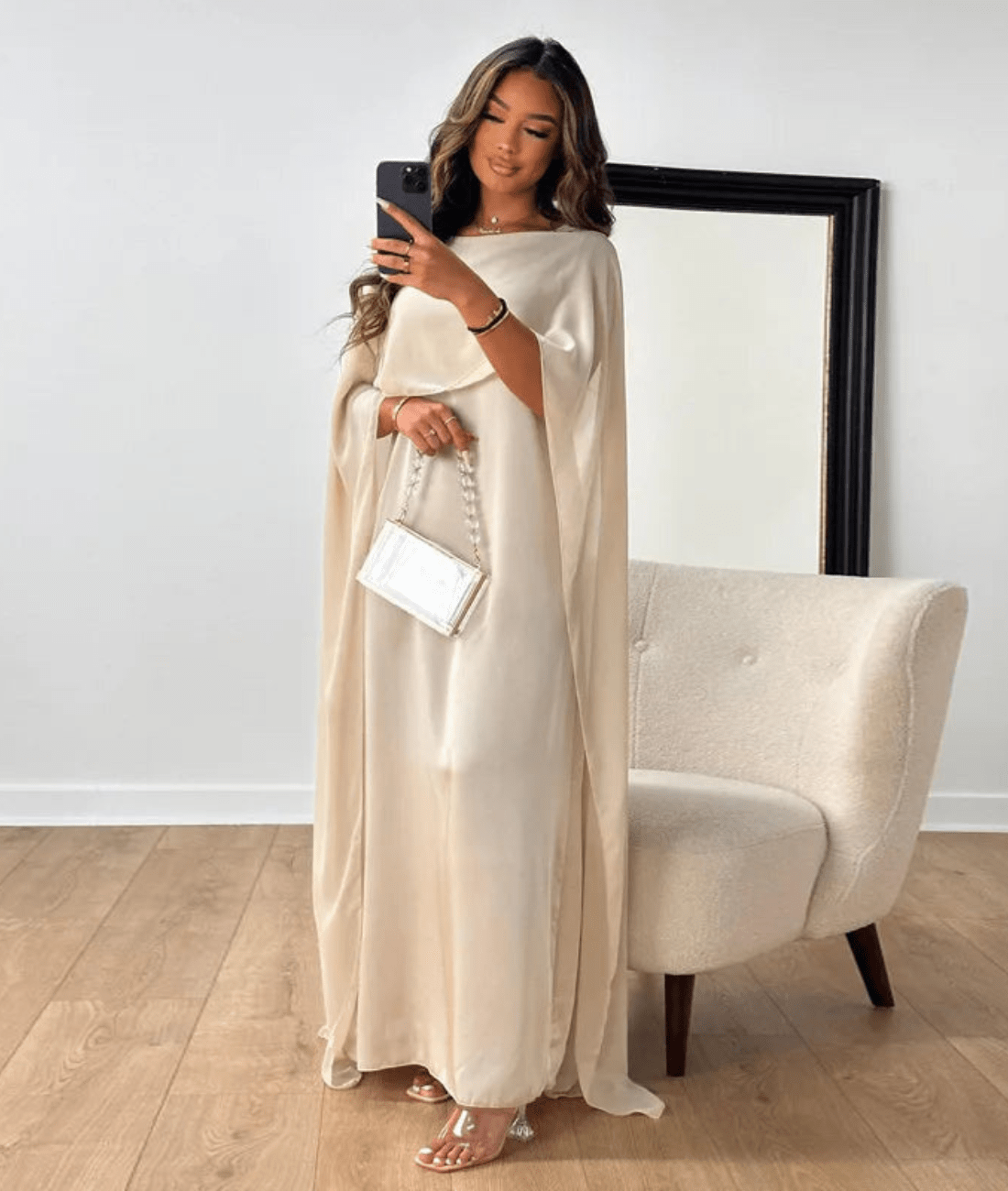 Satin maxi abaya dress with cape sleeves and draped front, white