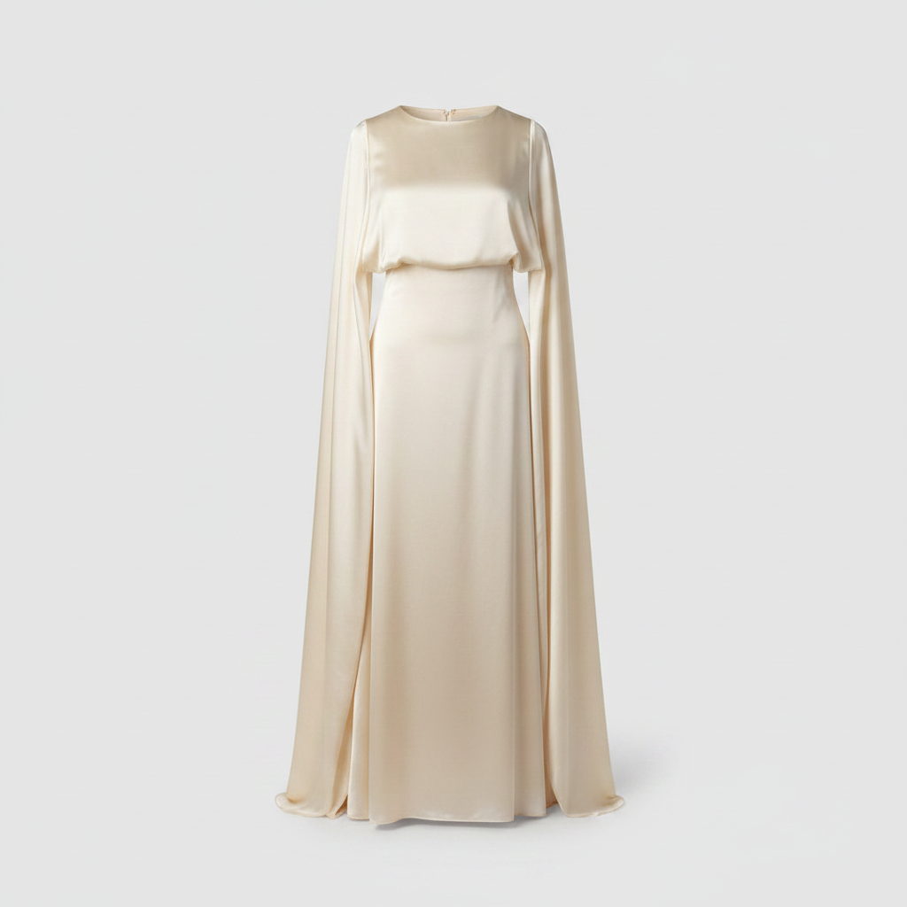 Satin maxi abaya dress with cape-style draped sleeves, cream satin