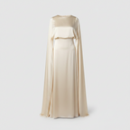 Satin maxi abaya dress with cape-style draped sleeves, cream satin